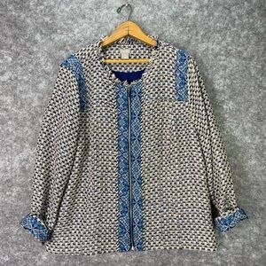 Chico's Jacket Womens 3 16/18 Blue Tweed Fringe Zip Front Boho Geometric Lined